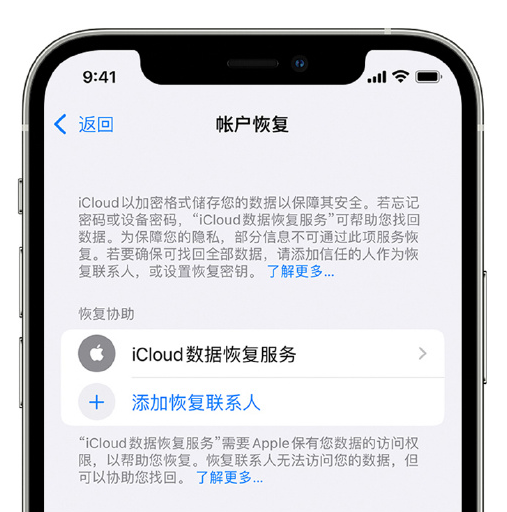 武穴苹果手机维修分享在 iPhone 上设置帐户恢复联系人的方法 